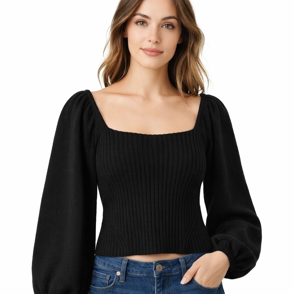 Halogen Ribbed Knit Puff Sleeve Sweater Top Womens Medium Black Square Neck Chic